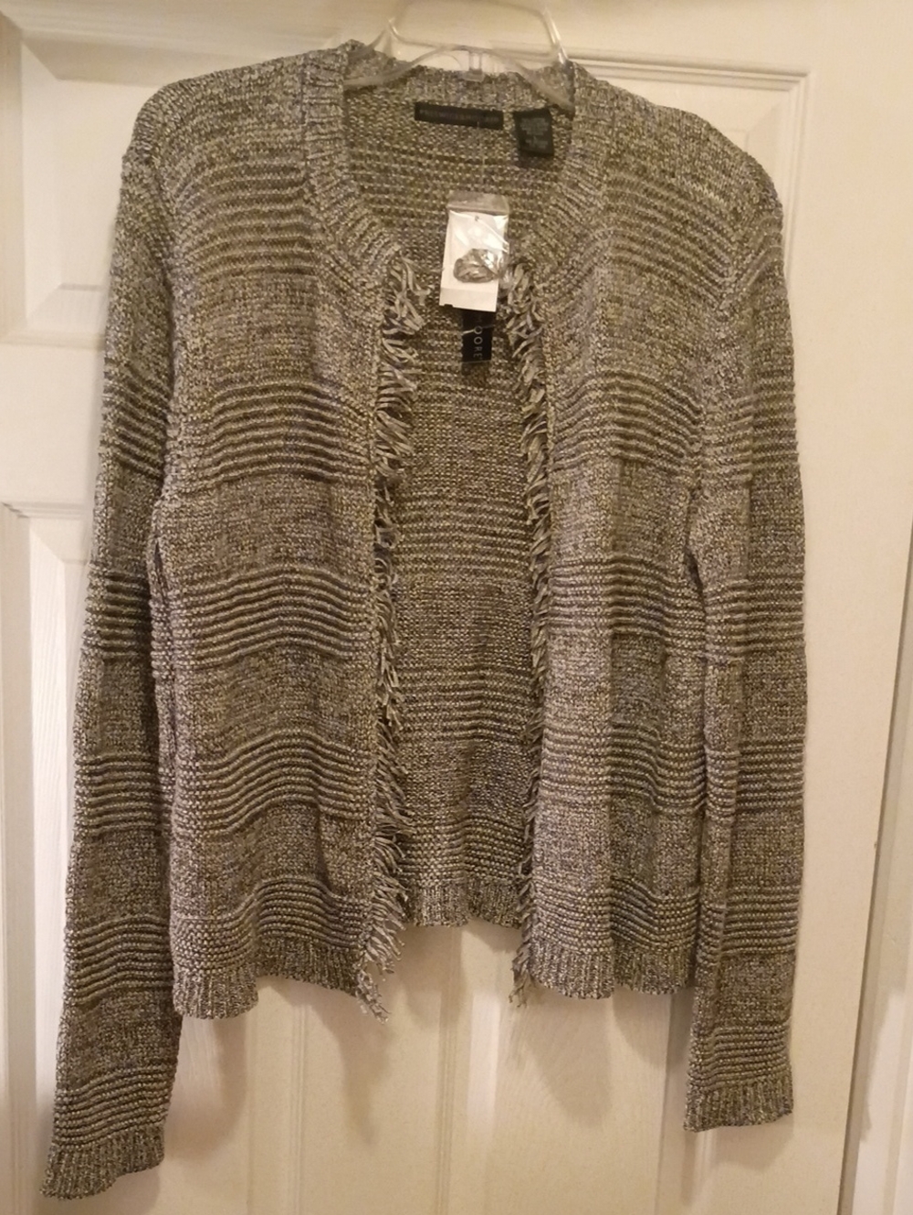 Preswick & Moore Gray Open-Front Fringe Cardigan